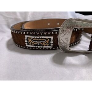 3D Mens Leather Western Belt Hide On Hair Cowboy Size 42 Hand Tooled Rodeo